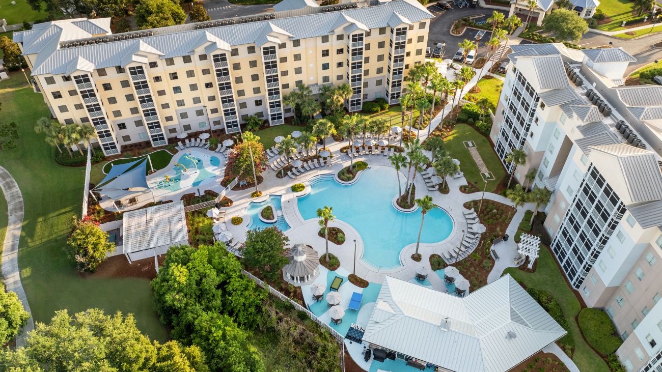 Aerial of exterior and pool complex at Marriott's Legends Edge at Bay Point resort timeshare